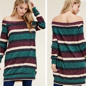 Striped Off-Shoulder Sweater - Green, Purple, Cream
